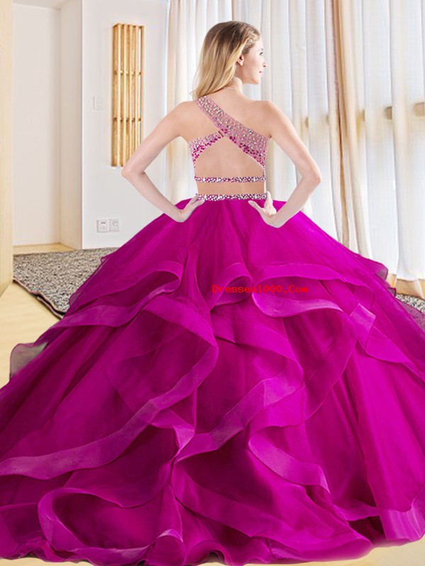 Fitting Tulle One Shoulder Sleeveless Criss Cross Beading and Ruffles Ball Gown Prom Dress in Royal Blue