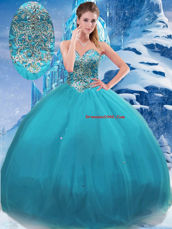 Decent Teal Ball Gowns Appliques Vestidos de Quinceanera Lace Up Tulle Sleeveless Floor Length