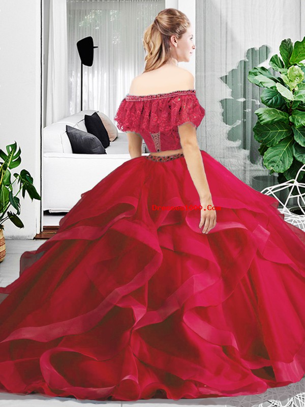 Red Sleeveless Floor Length Lace and Ruffles Lace Up Quinceanera Dresses