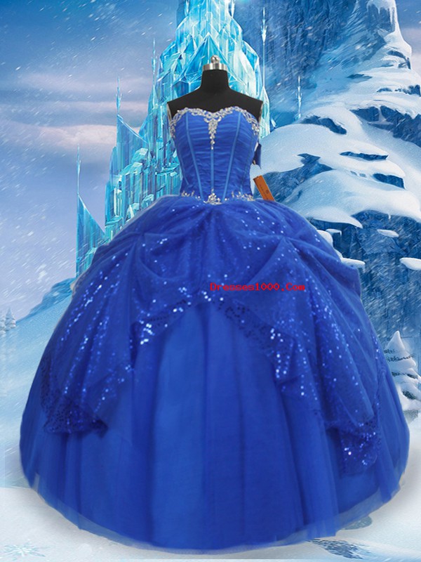 Affordable Sweetheart Sleeveless Ball Gown Prom Dress Floor Length Beading and Pick Ups Royal Blue Tulle