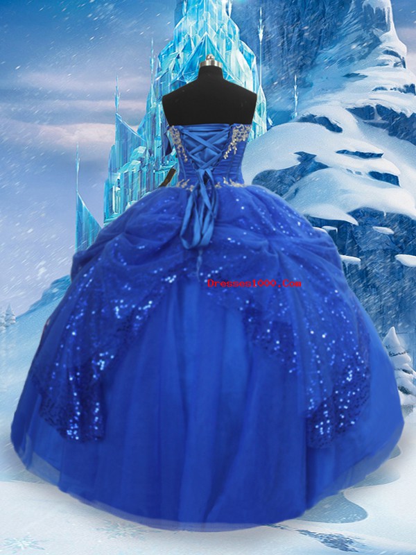 Affordable Sweetheart Sleeveless Ball Gown Prom Dress Floor Length Beading and Pick Ups Royal Blue Tulle