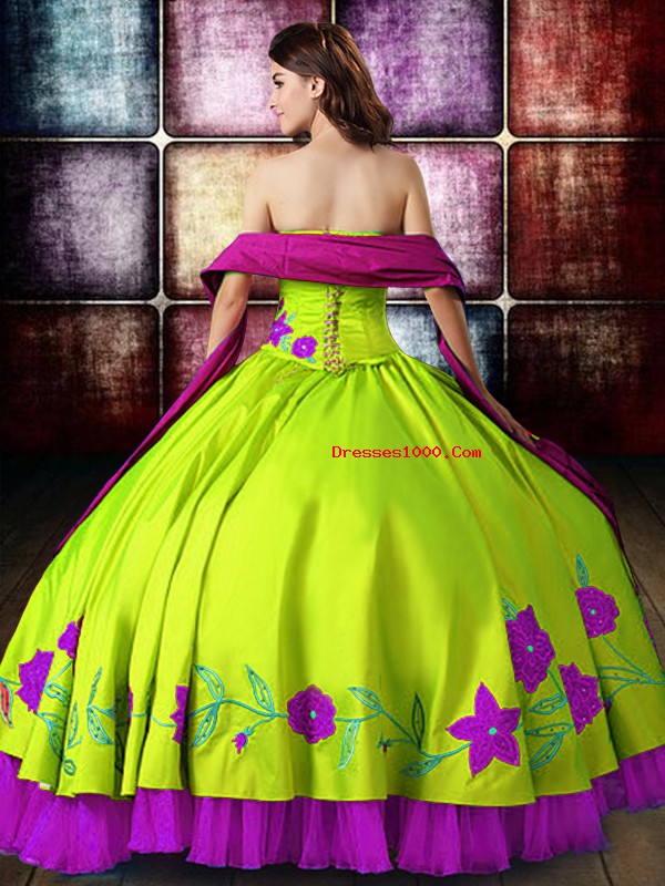 Flirting Floor Length Multi-color Vestidos de Quinceanera Satin Sleeveless Embroidery