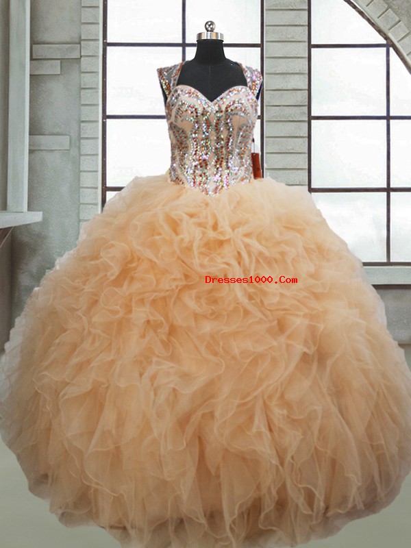 Ball Gowns Quinceanera Dresses Champagne Sweetheart Organza Sleeveless Floor Length Lace Up