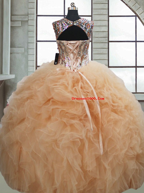Ball Gowns Quinceanera Dresses Champagne Sweetheart Organza Sleeveless Floor Length Lace Up
