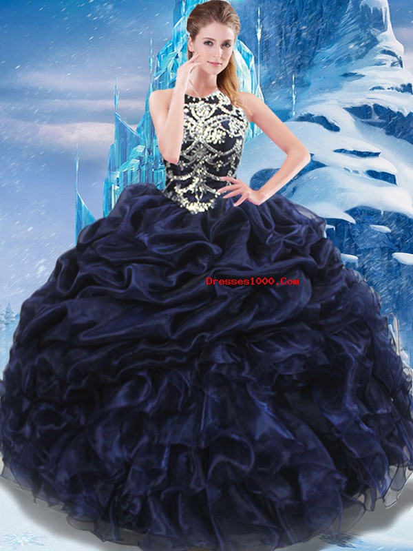 Navy Blue Lace Up High-neck Appliques and Ruffles and Pick Ups Sweet 16 Dress Taffeta Sleeveless