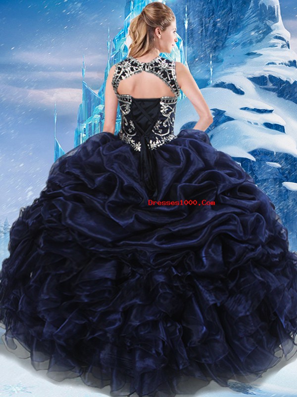 Navy Blue Lace Up High-neck Appliques and Ruffles and Pick Ups Sweet 16 Dress Taffeta Sleeveless