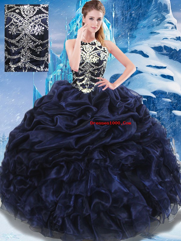 Navy Blue Lace Up High-neck Appliques and Ruffles and Pick Ups Sweet 16 Dress Taffeta Sleeveless