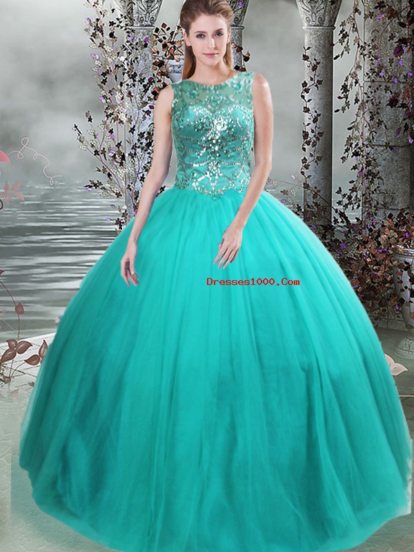 New Style Turquoise Lace Up Quince Ball Gowns Beading Sleeveless Floor Length