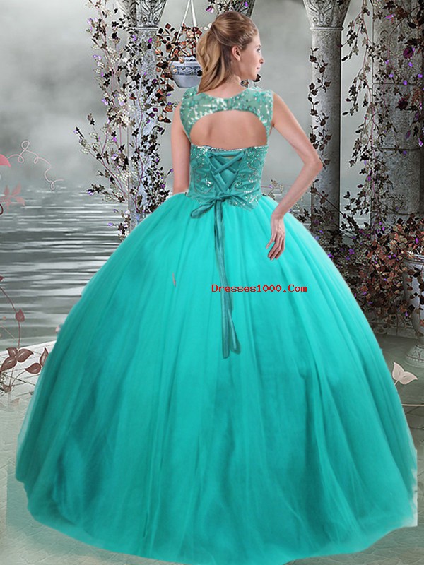 New Style Turquoise Lace Up Quince Ball Gowns Beading Sleeveless Floor Length