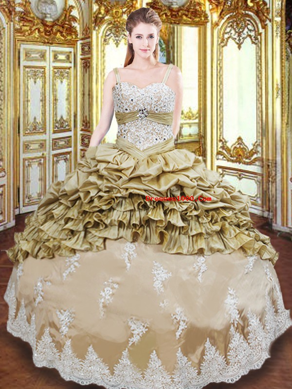 Shining Champagne Straps Neckline Beading and Appliques and Ruffled Layers and Pick Ups Sweet 16 Dresses Sleeveless Lace Up