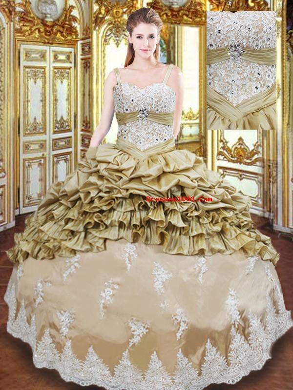 Shining Champagne Straps Neckline Beading and Appliques and Ruffled Layers and Pick Ups Sweet 16 Dresses Sleeveless Lace Up
