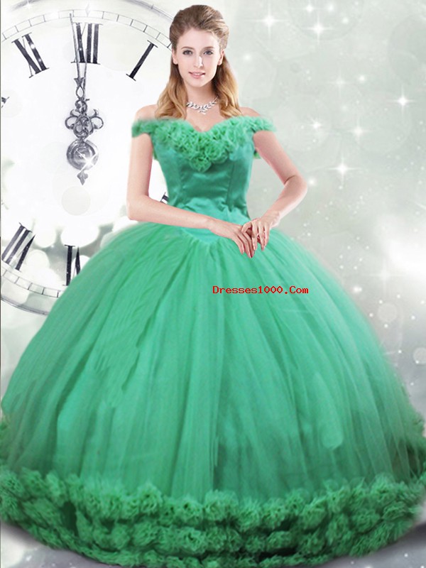 Turquoise Sleeveless Brush Train Hand Made Flower Quinceanera Gowns
