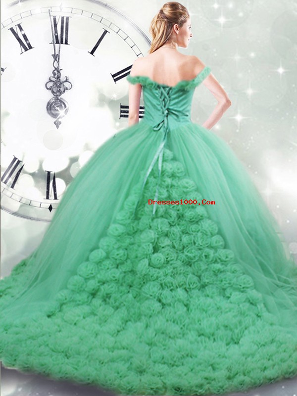 Turquoise Sleeveless Brush Train Hand Made Flower Quinceanera Gowns