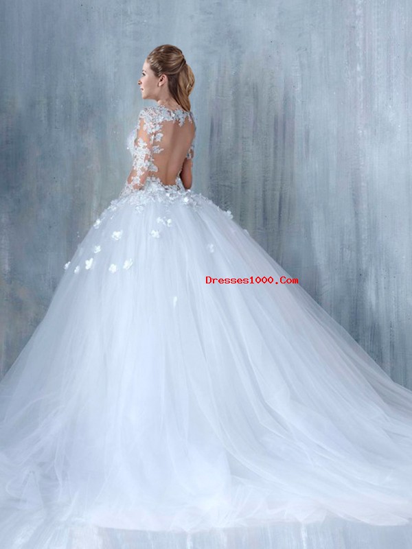 Low Price White A-line Lace Wedding Dress Backless Tulle Long Sleeves