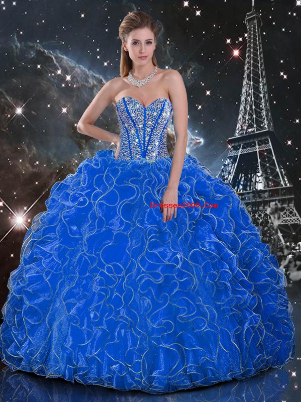 Graceful Floor Length Blue Ball Gown Prom Dress Organza Sleeveless Beading and Ruffles