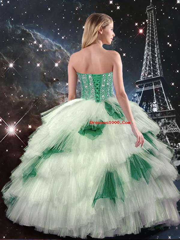 Sweetheart Sleeveless Ball Gown Prom Dress Floor Length Beading and Ruffled Layers and Sequins Multi-color Tulle