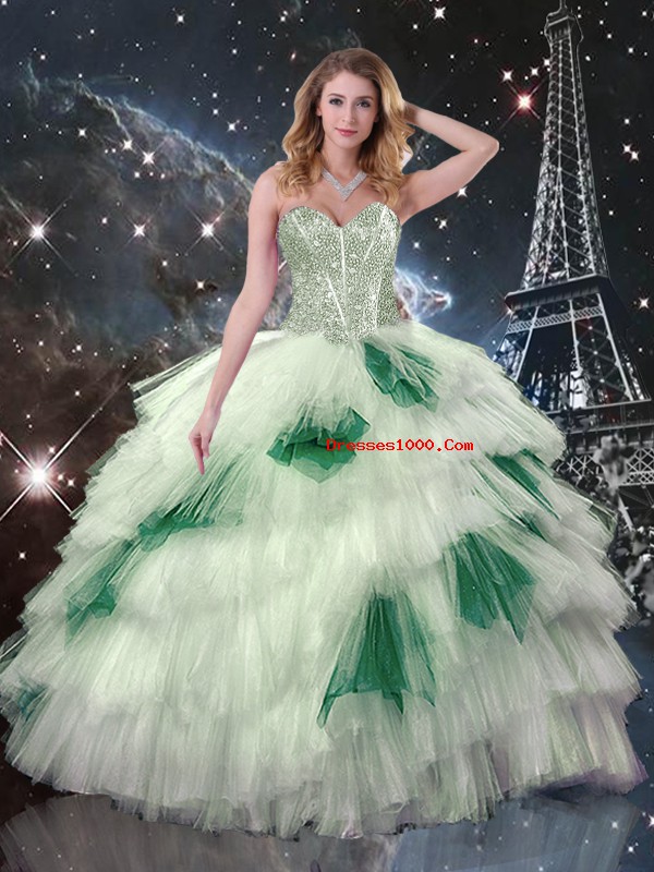 Sweetheart Sleeveless Ball Gown Prom Dress Floor Length Beading and Ruffled Layers and Sequins Multi-color Tulle
