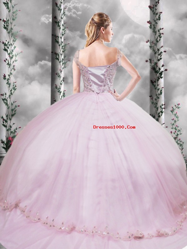 Exquisite Cap Sleeves Brush Train Beading and Appliques Side Zipper Quinceanera Gowns