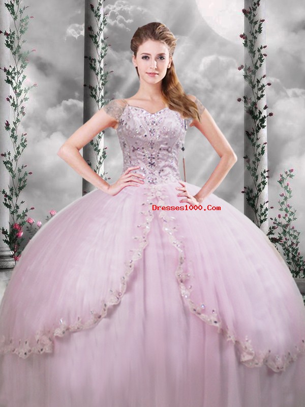 Exquisite Cap Sleeves Brush Train Beading and Appliques Side Zipper Quinceanera Gowns