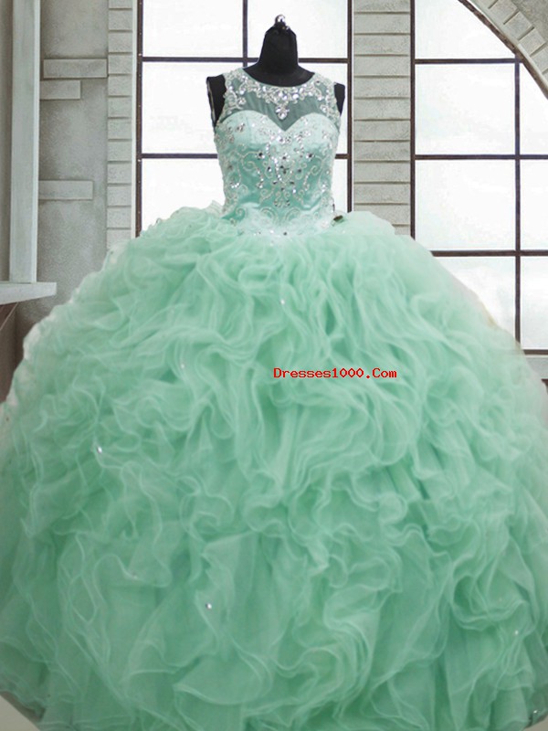 Customized Apple Green Lace Up Quince Ball Gowns Beading and Ruffles Sleeveless Floor Length