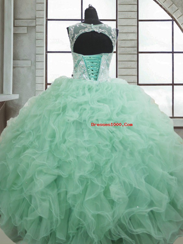 Customized Apple Green Lace Up Quince Ball Gowns Beading and Ruffles Sleeveless Floor Length