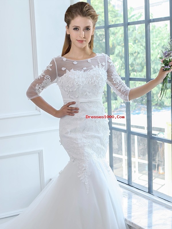 Flirting White Half Sleeves Lace Lace Up Wedding Dress