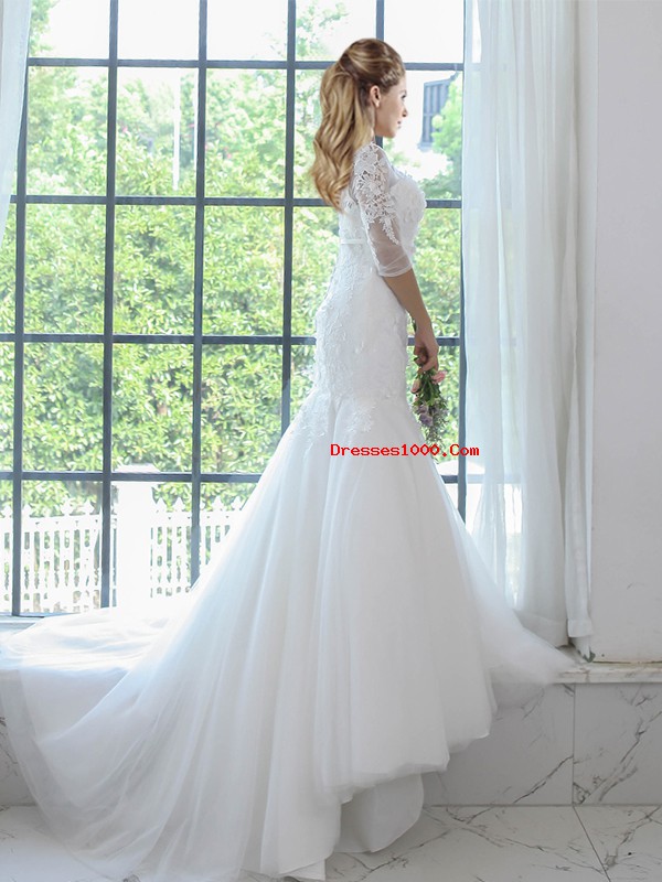 Flirting White Half Sleeves Lace Lace Up Wedding Dress