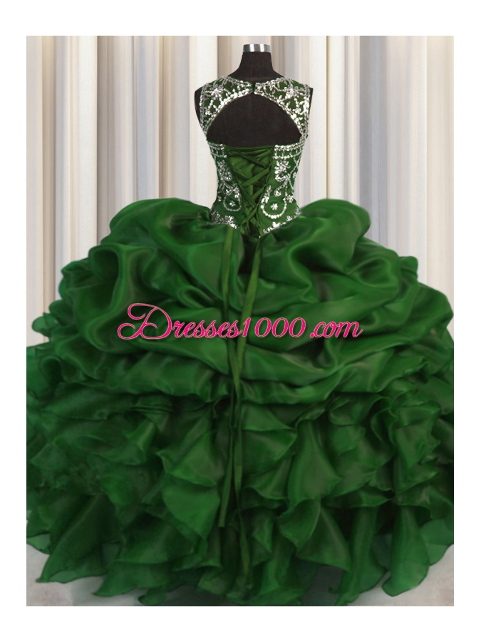 Super See Through Ball Gowns Vestidos de Quinceanera Dark Green Scoop Organza Sleeveless Floor Length Lace Up