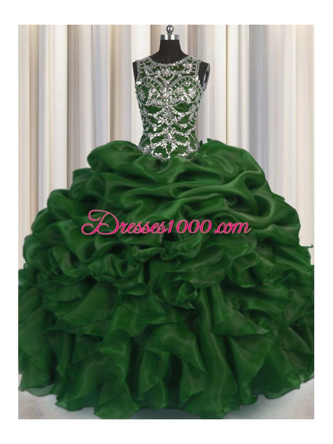 Super See Through Ball Gowns Vestidos de Quinceanera Dark Green Scoop Organza Sleeveless Floor Length Lace Up