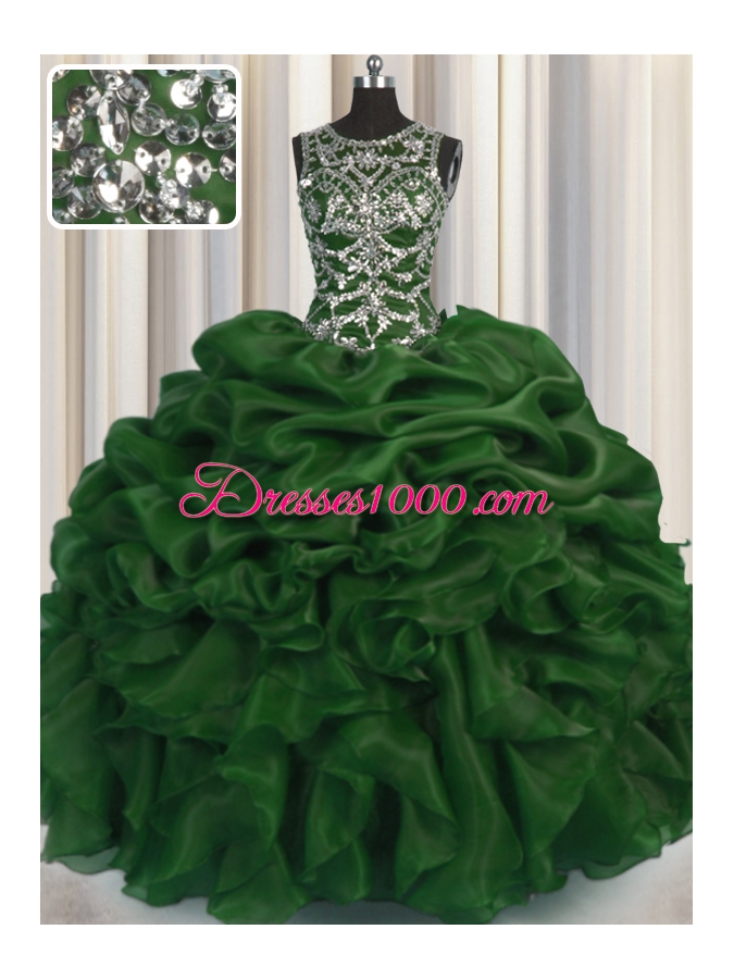 Super See Through Ball Gowns Vestidos de Quinceanera Dark Green Scoop Organza Sleeveless Floor Length Lace Up