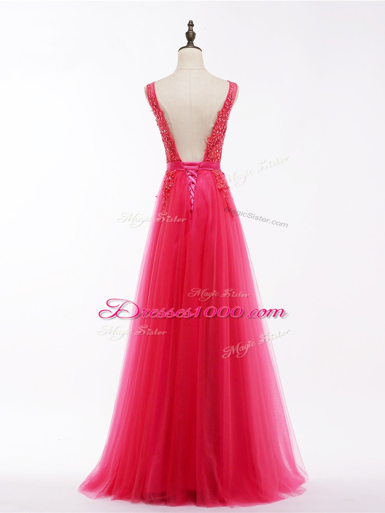 Nice Tulle V-neck Sleeveless Backless Lace and Appliques Prom Dresses in Coral Red