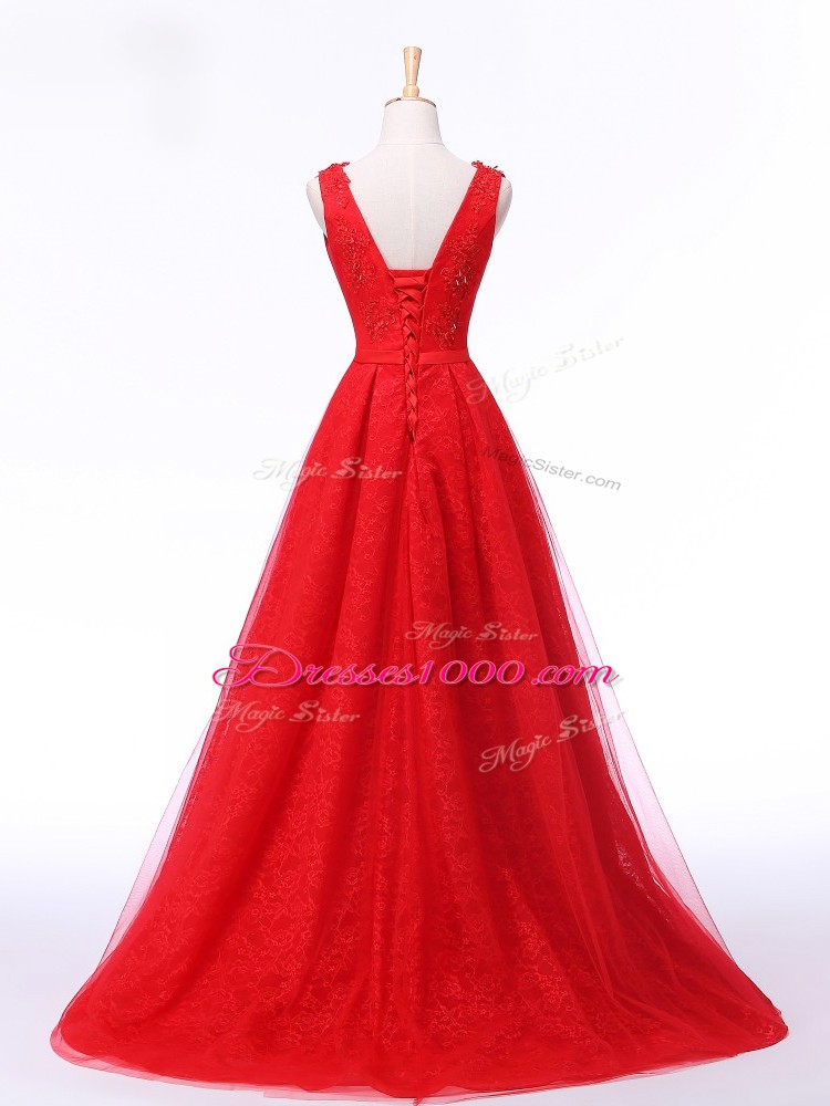 Tulle Sleeveless Evening Dresses Brush Train and Lace and Appliques and Belt