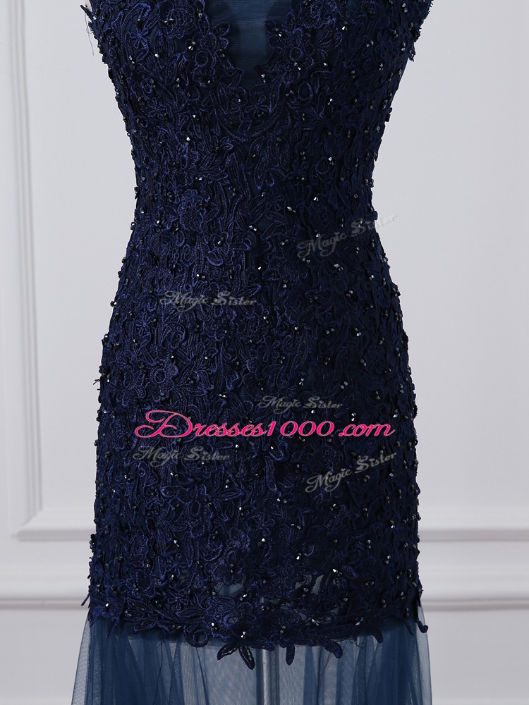 Navy Blue Lace Up Scoop Lace and Appliques Mother of the Bride Dress Tulle Sleeveless