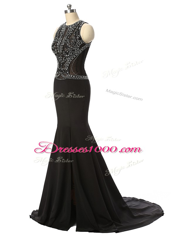 Luxurious Scoop Sleeveless Chiffon Evening Dresses Beading Brush Train Side Zipper