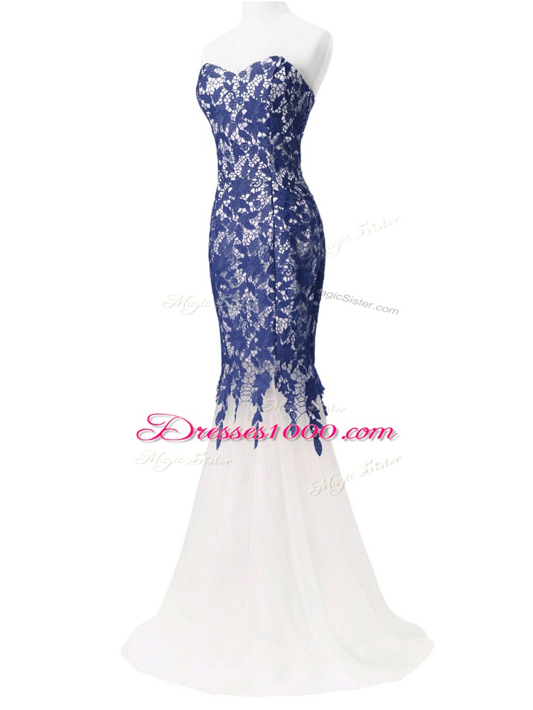 Blue And White Lace Up Sweetheart Lace and Appliques Evening Party Dresses Tulle Sleeveless Brush Train