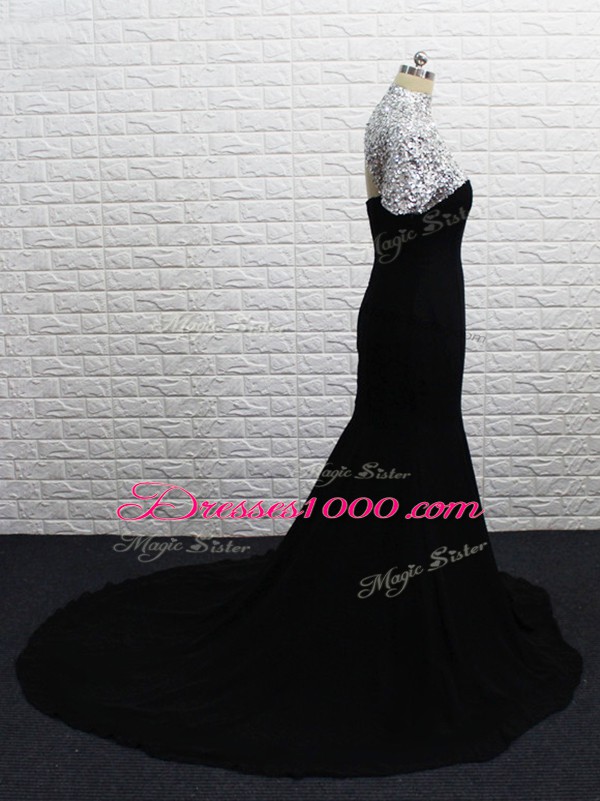 Black Short Sleeves Chiffon Brush Train Zipper Homecoming Dress for Prom and Party and Military Ball