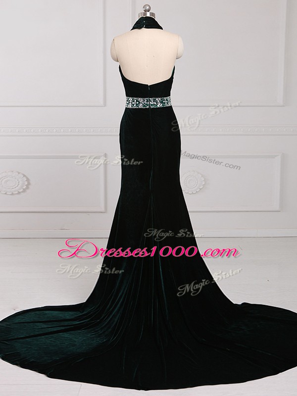 Halter Top Sleeveless Elastic Woven Satin Prom Evening Gown Beading Brush Train Zipper