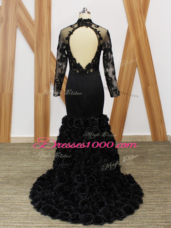 New Arrival High-neck Long Sleeves Fabric With Rolling Flowers Mother Dresses Beading and Lace and Appliques and Hand Made Flower Brush Train Backless