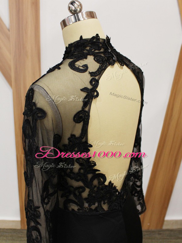 New Arrival High-neck Long Sleeves Fabric With Rolling Flowers Mother Dresses Beading and Lace and Appliques and Hand Made Flower Brush Train Backless