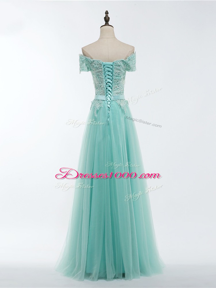 Excellent Apple Green Short Sleeves Tulle Lace Up Evening Dresses for Prom and Party and Military Ball and Sweet 16