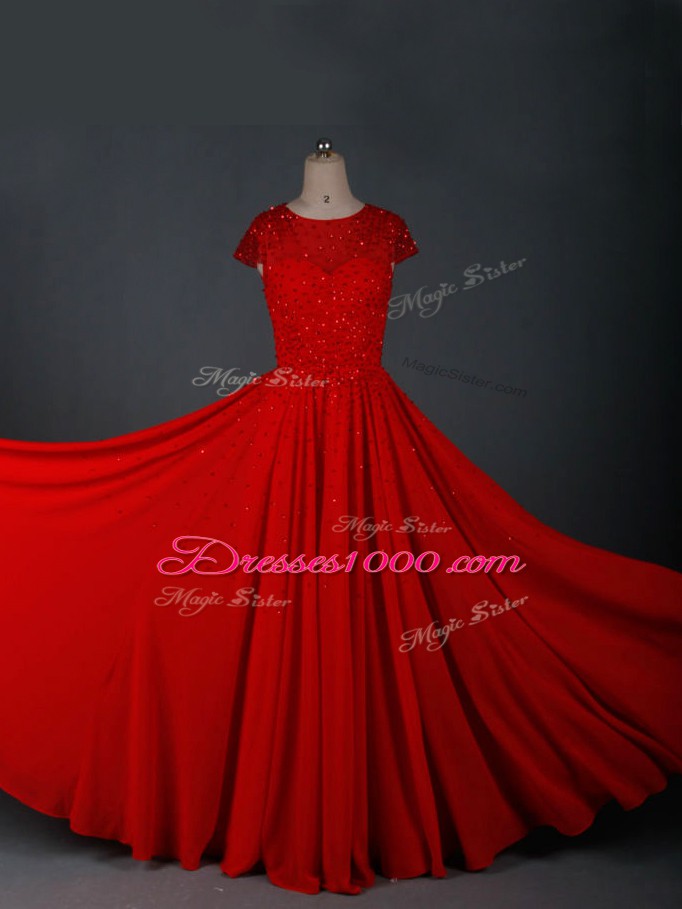 Customized Red Empire Scoop Cap Sleeves Chiffon Floor Length Zipper Beading Mother of Groom Dress