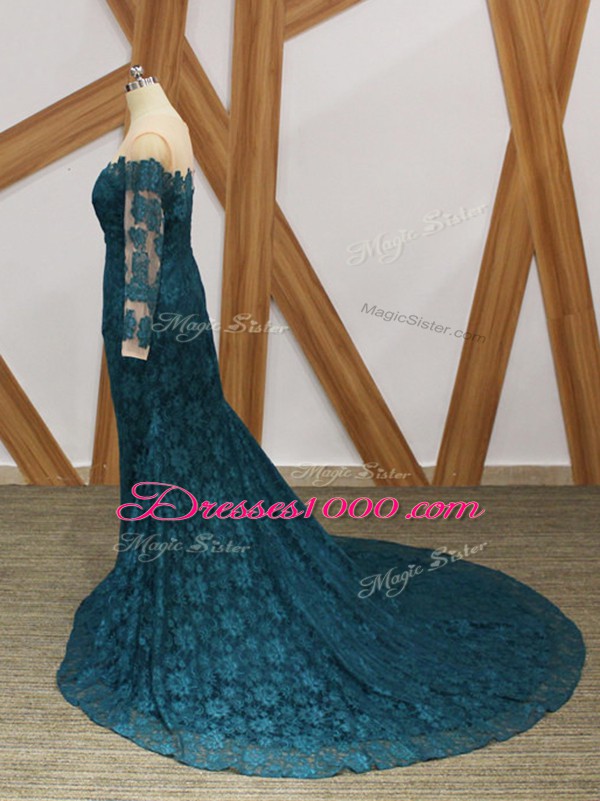 High Quality Teal Scoop Zipper Lace Mother of Bride Dresses Long Sleeves