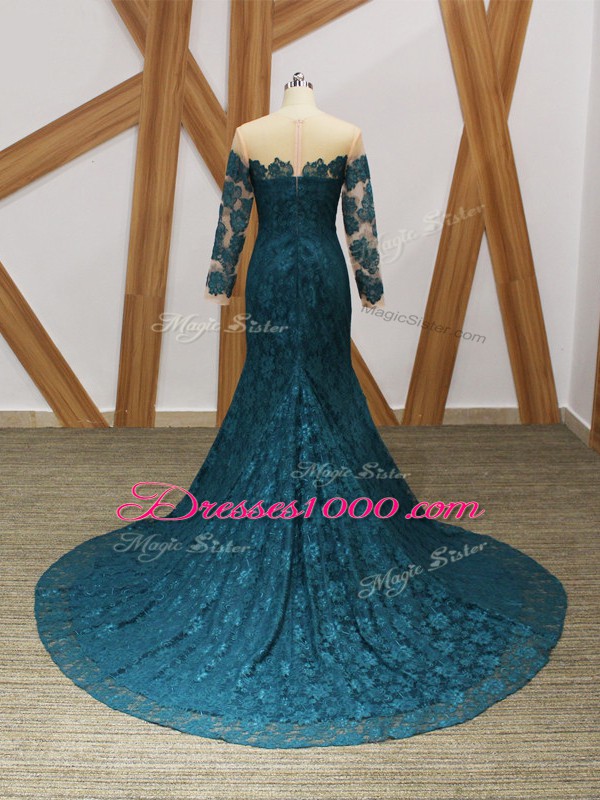 High Quality Teal Scoop Zipper Lace Mother of Bride Dresses Long Sleeves