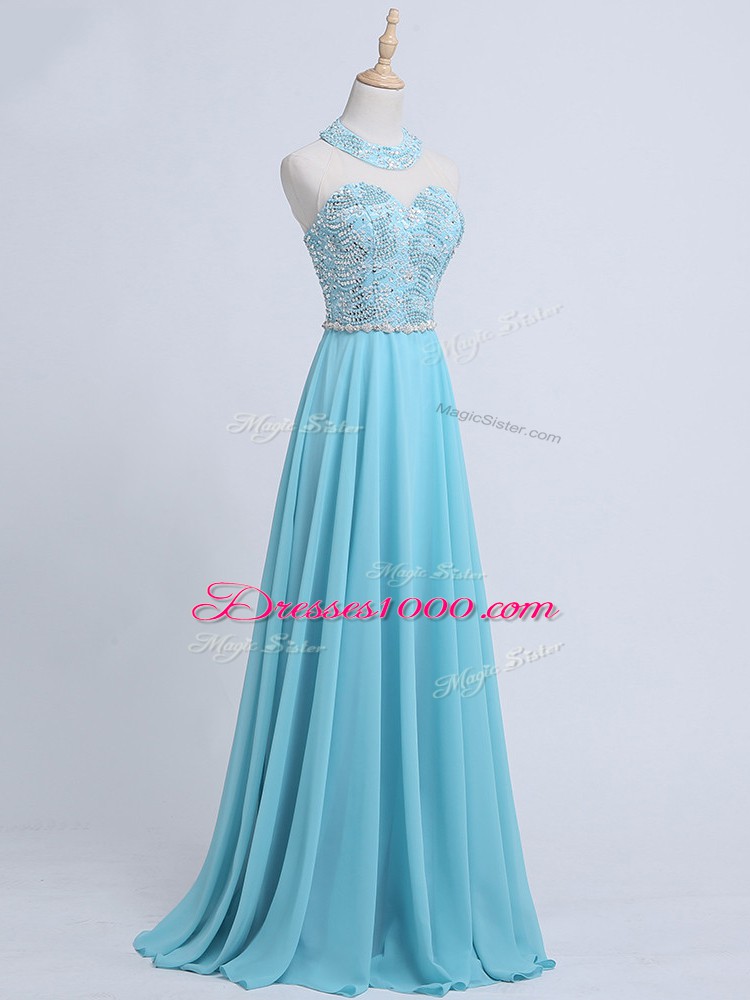 Charming Aqua Blue Prom Evening Gown Chiffon Sleeveless Beading