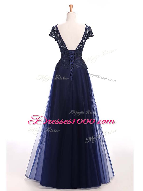 Navy Blue Tulle Lace Up Scoop Short Sleeves Floor Length Evening Dress Beading