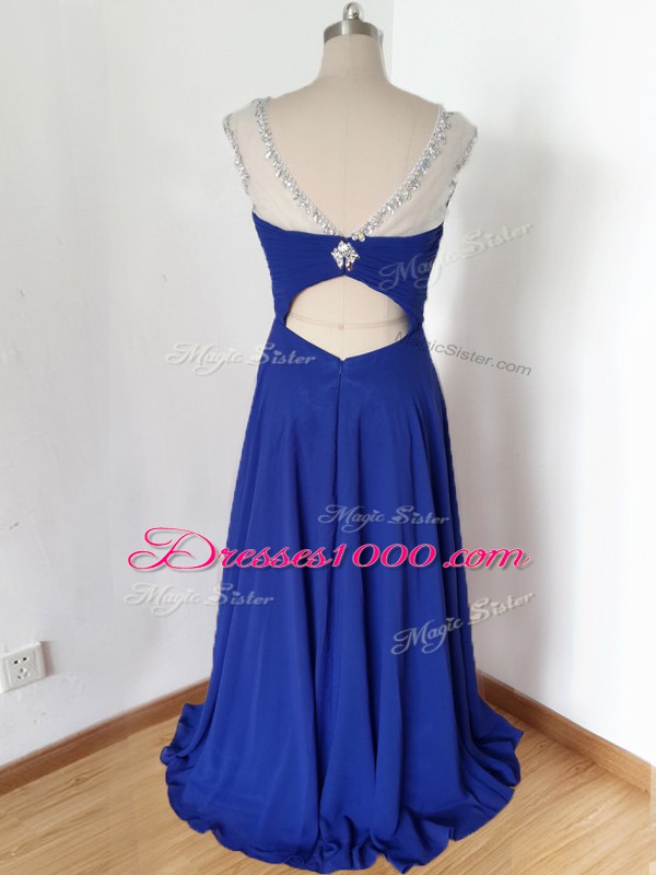 Royal Blue Short Sleeves Beading and Ruching Floor Length Homecoming Party Dress