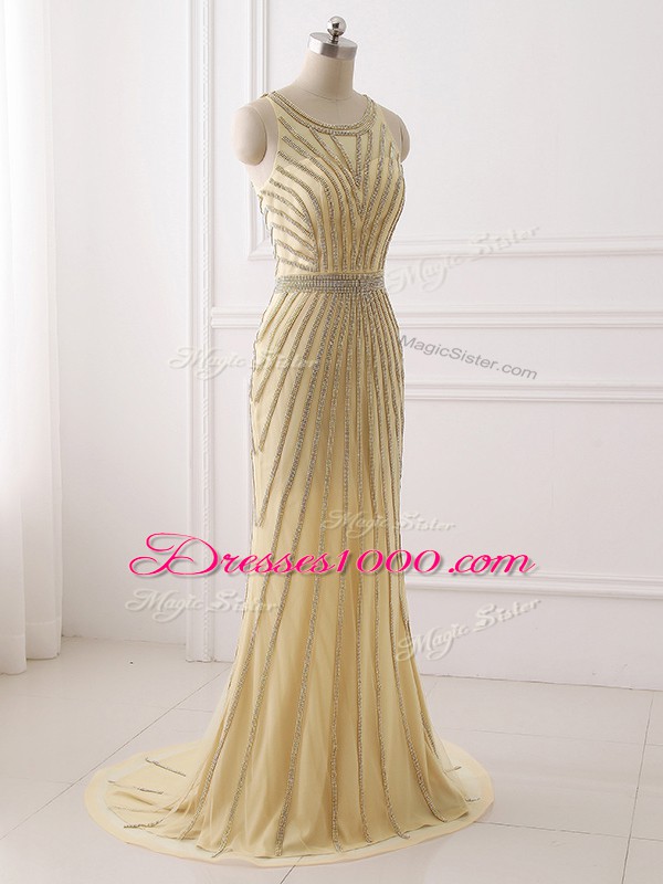 Champagne Scoop Zipper Beading and Belt Prom Party Dress Brush Train Sleeveless