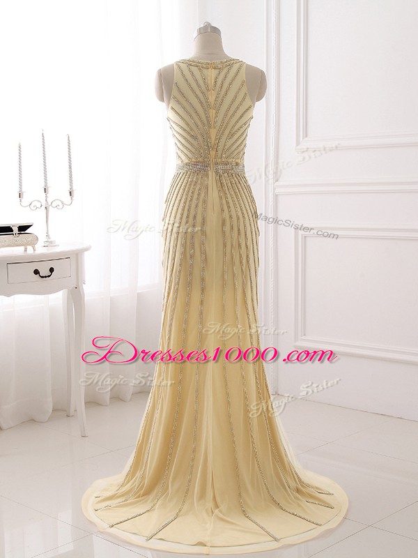 Champagne Scoop Zipper Beading and Belt Prom Party Dress Brush Train Sleeveless