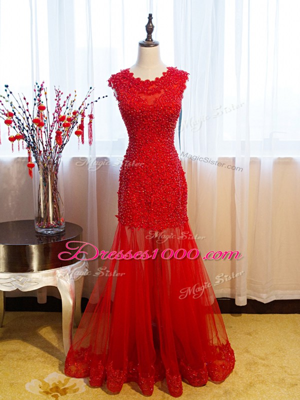 Fantastic Eggplant Purple Mermaid Beading and Lace and Appliques Prom Dress Side Zipper Tulle Sleeveless Floor Length