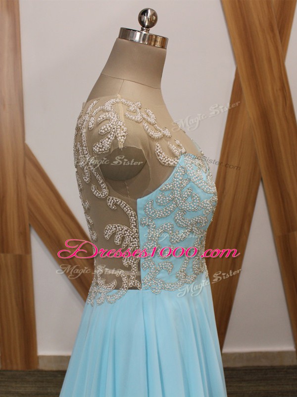 Aqua Blue Empire Beading and Ruching Juniors Evening Dress Side Zipper Chiffon Short Sleeves